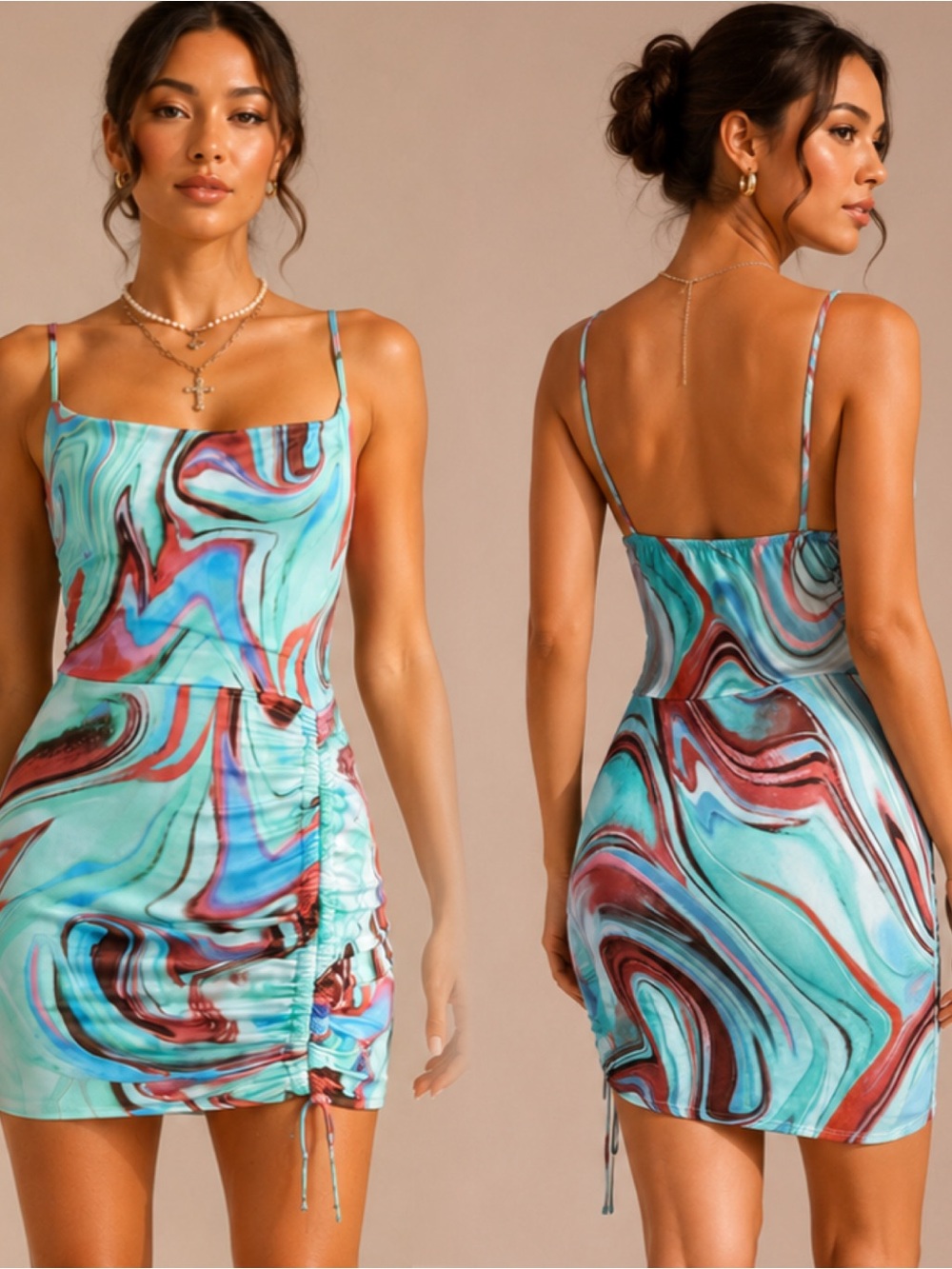 Aqua Marble Ruched Mini Dress - Women's Dress